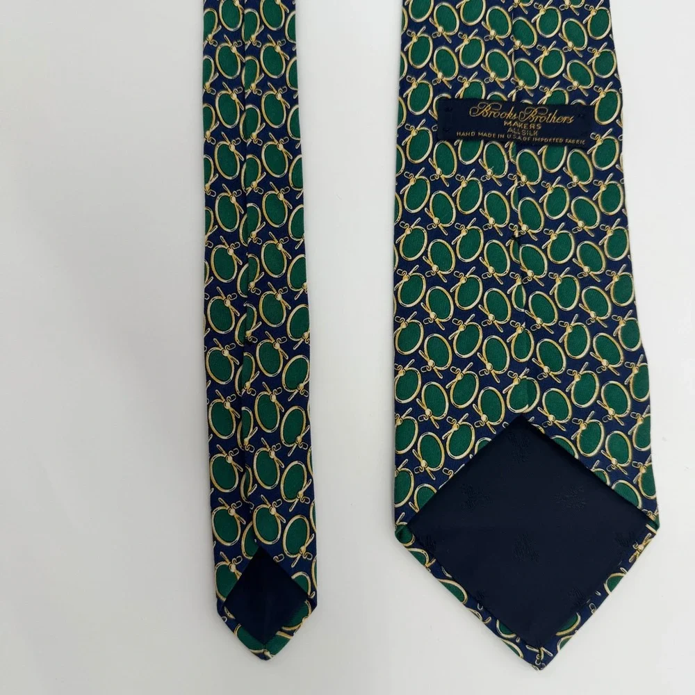 Brooks Brothers Tie Mens OS Green Navy‎ Gold Makers Silk Geometric Golf Pattern